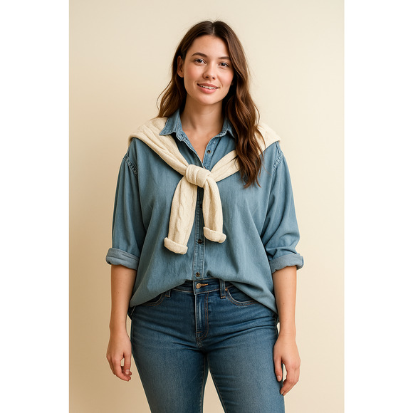 GAP Denim Shirt Womens XL Chambray Button Up Short Sleeve Cotton Preppy Western - Picture 1 of 7